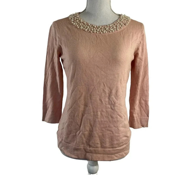 Karl Lagerfeld Paris Baby Pink Sweater Faux Pearl Beaded Embellished Neckline XS - Picture 1 of 8